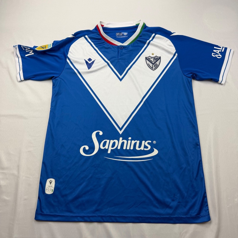 Macron Velez Sarsfield Soccer Jersey Mens Large Blue White Saphirus Sponsor